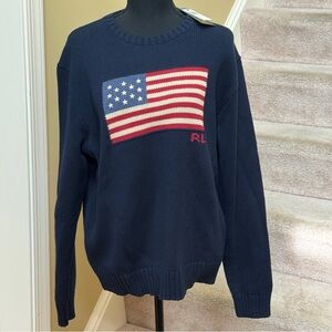 Polo by Ralph Lauren Navy Blue Sweater with American Flag Unisex Size L.